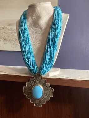 Unique Vintage Turquoise String Necklace w Long Pendant